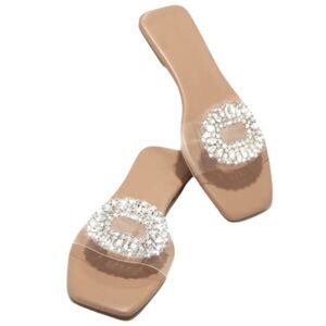 New Trendy Jeweled Embellished Glamorous Beige Clear Slide Flats
